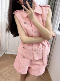 Women's Tracksuits Pink Two Piece Set Women Classic Fashion M Family Dopamine Sleeveless Thick Tweed Belt Top With Short Shorts