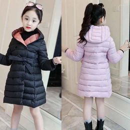 Down Coat Girls Winter Long Jackets Down-cotton Padded Hooded Slim Waist Belt Warm Outerwear 4-12years Princess Kids Parka Clothes