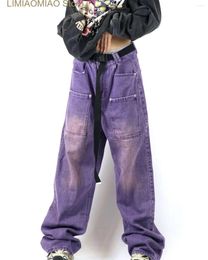 Women's Jeans Wide Leg Pants Denim Purple Straight Retro Ankle Length Cargo Loose Washed Distressed Pockets Zipper Women