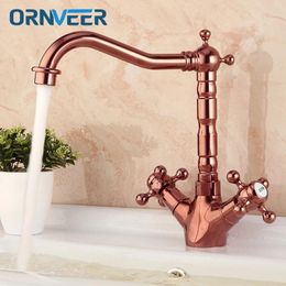 Bathroom Sink Faucets Royal Gold Plated Single Hole Double Wheel Handle Faucet Long Mouth Swivel Rose Basin Mixer Tap RG-027