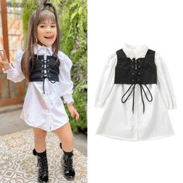 Girl's Dresses 2Pcs Kids Spring Autumn Outfit Solid Colour Lapel Long Seves Shirt Dress + Tied Cross Straps Waistcoat for Children Girls L240402