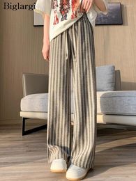 Women's Pants Spring Striped Print Long Wide Leg Pant Women Elastic High Waist Casual Fashion Ladies Trousers Korean Style Loose Woman