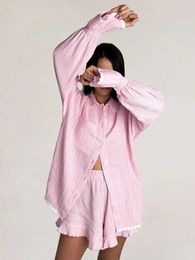 Home Clothing Restve Lace Pajamas For Women 2 Piece Sets Pink Long Sleeve Sleepwear Female Casual Suits With Shorts Spring Nightwear