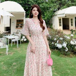 Party Dresses French Romantic Rose Print Sweet Woman With Thin Summer Holiday Beach Dress