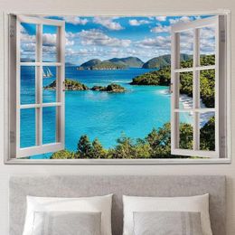 Tapestries Nature Tapestry Blue Ocean Sea Beach Wall Hanging Tropical Island Palm Tree Seaside Window For Bedroom Aesthetic Home Decor