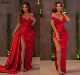 Red Sexy Off Shoulder Overskirt Mermaid Prom Dresss Aso Ebi Sequins Beaded Pleats Women Formal Party Gowns Side Split Seond Reception Engagement Dress CL3458