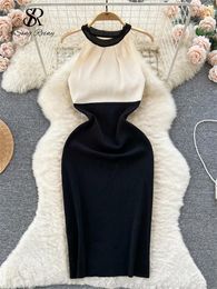 Casual Dresses SINGREINY Sexy Off Shoulder Slim Dress Female Sleeveless Colour Block Fashion Halter Bodycon Women High Elasticity Knitted