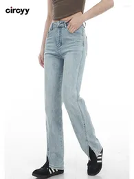 Women's Jeans Circyy Blue Woman High Waisted Full Length Denim Pants Skinny Slit Cut Wide Leg Trousers 2024 Spring Fashion Y2k