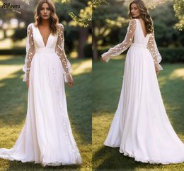 Stylish Floral Lace A Line Wedding Dresses Sexy Deep V Neck Pleated Boho Garden Bridal Gowns With Illusion Long Sleeves Sweep Train Bride Spring Robes de Mariee CL3461