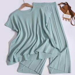 Women's Two Piece Pants Women Chic Summer Loose Raglan Sleeve Camis Pleated Wide Leg Split Top Casual Thin Elastic Band Two-piece Set Spring