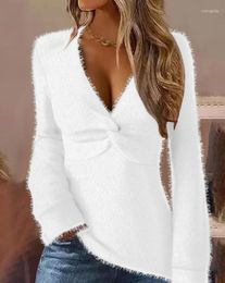 Women's T Shirts Women Plush Blouse Fuzzy Twisted V-Neck Long Sleevetop 2024 Spring Latest Casual Daily Tight Charming Fashion Versatile