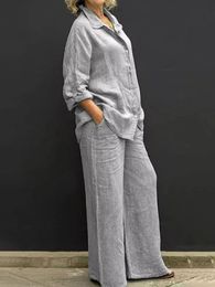 Women Linen Casual Shirt 2 Pieces Set Fashion Lapel Long Sleeve Button Blouse And Trousers Outfits Loose Wide Leg Pants Suits 240326