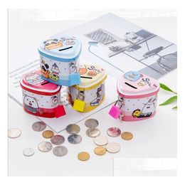 Storage Boxes & Bins Cartoon Animals Money Box Tinplate Heart Shaped Piggy Bank With Lock Coin Collection For Kids Drop Delivery Home Dhila