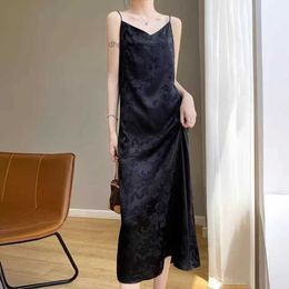 French simulation silk V-neck suspender dress for womens summer embroidery knee length skirt acetate satin black trend