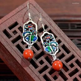 Dangle Earrings 925 Silver South Red Tourmaline Bead For Women Vintage Exquisite National Style Colored Enamel Lotus Earings Jewelry