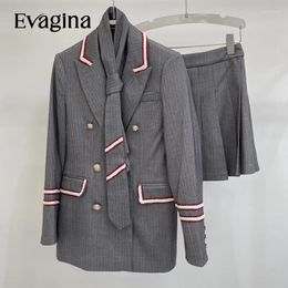 Work Dresses Evagina Fashion Autumn Suit Women's Lapel Tie Metal Button Double-Breasted Preppy Style Blazer Top Pleated Skirt 2pcs Set
