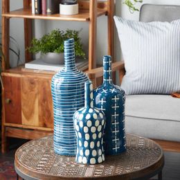 Vases 15" 19"H Blue Ceramic Vase With Varying Patterns Set Of 3