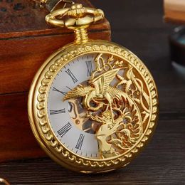 Pocket Watches Vintage Mechanical Pocket Hollow Phoenix Bird Roman Skeleton Clock Hand Winding Men Fob Chain es Double Case Clock L240402