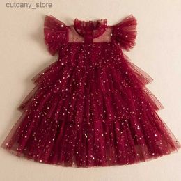 Girl's Dresses Girls Sequin Dresses for 3 to 8 Yrs Egant Birthday Party Princess Dress Ruffs Summer Bbay Girl Dress Red Christmas Dress L240402