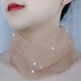 Scarves Transparent Lace Beaded Scarf Elastic Small Neckerchief Mesh Fake Pearl Sunscreen Elegant Neck Cover