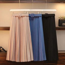 Skirts Korean All-match Women's Solid Colour Midi Pleated Skirt Spring Elegant Simplicity High Waist Belt Female Clothing P229
