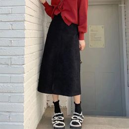 Skirts Women High Waist Corduroy Korean Split Autumn Winter Elegant Warm A Line Fashion Solid Loose All Match Midi