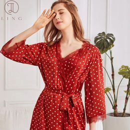 Home Clothing Ling Gowns Sets Silk Satin Women's Sleepwear Homewear Polka Dot Pajama Robe Sleep Shirts Night