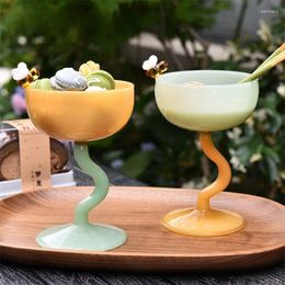 Wine Glasses Korean Style Cute Bee Decoration Ice Cream Dessert Goblet Modern Simple Round Household Heat-Resistant Pudding Drink Glass Bowl