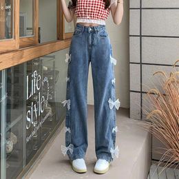 Women's Jeans Korean Fashion Harajuku Streetwear Wide Leg Trousers Casual Sweet High Waist Lace Bow Loose Straight Denim Pants