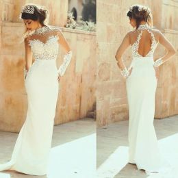 Dresses High Neck Long Sleeves Wedding Dress Mermaid Sheer Neckline Beads Lace Appliqued BOHO Bridal gowns Open Back Beach