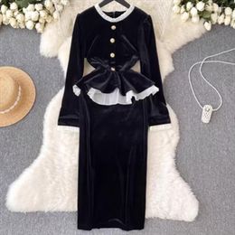 Casual Dresses Splice Black Ladies Velvet Vintage Dress