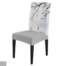 Chair Covers Chinese Style Tree Winter Bird Reflection Cover Dining Spandex Stretch Seat Home Office Decor Desk Case Set