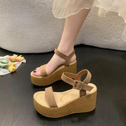 Dress Shoes 2024 Summer Style Fashionable Comfortable Wear-resistant Platform Wedge Sandals Solid Colour Suede Women