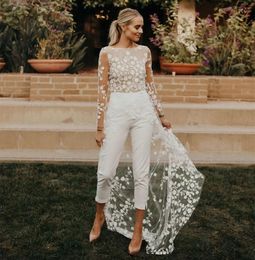 Beach Jumpsuits Wedding Dresses Sexy Backless Long Sleeves Illusion Summer Boho Bridal Gowns Lace Appliques 2024 Women Elopement Wear