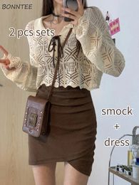 Women Summer Sets Sexy Girl Design Y2k Spaghetti Strap Mini Slim Dress Hollow Out Crop Smock 2 Pieces 240402