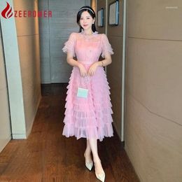 Party Dresses 2024 Summer Fashion Designer Pink Embroidery Lace Dress Women Ruffled Collar Flare Sleeve Luxury Diamond Mesh Cake Midi