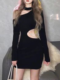 Casual Dresses Spring Autumn Korean Edition Off Shoulder Small Black Dress For Women Pearl Oblique Design Waist Wrap Sexy