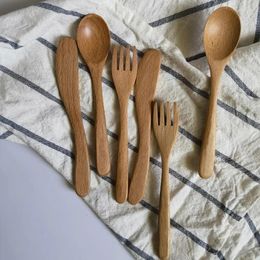 Dinnerware Sets Kitchen Utensils Eco-friendly Wooden Cutlery Set Knife Fork And Spoon Fruit Soup Jam Reusable