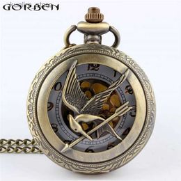 Pocket Watches Fashion Jewellery The Hunger Game Retro Necklace Pocket New Russia Hunger Games Pocket Bronze Vintage Cool Bird Clock L240402