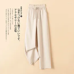 Women's Pants Khaki Solid Casual Linen Elastic High Waist Loose Wide Leg Korean Fashion Ankle-Length For Women 2024 Spring