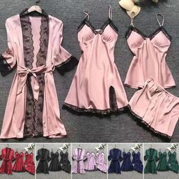 Home Clothing Breathable Pajama Set Lace Splicing Elegant Silky Pajamas With Pleated Cardigan Coat Matching For Comfort