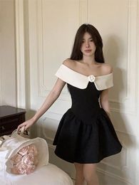 Casual Dresses Off Shoulder Contrast Black White Elegant Short Dress Women's Mini Gown Pleated Summer Y2k Party Holiday Evening Korean