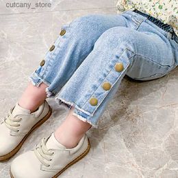 Trousers Girls Jeans Spring And Autumn New Korean Version Baby Girl Casual Trousers Button Elastic Fashion Kids Children Flared Pants L46