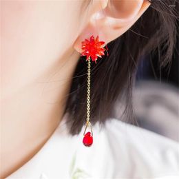 Stud Earrings 1 Pair Handmade Red Lycoris Radiata Flower Tassel Ear Studs Hanfu Cheongsam Jewellery Women Girl Jewellery Gift