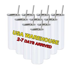 USA Warehouse Wholesale Blanks 20oz 30oz Stainless Steel Double Wall Skinny Straight Sublimation Tumblers with Straw