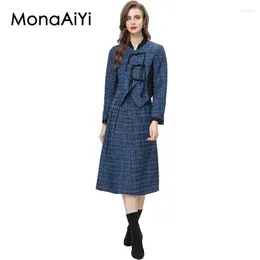 Work Dresses MonaAiYi High Street Fashion Designer Women's Ruffle Collar Deep Blue Tweed Tops Jacket Fishtail Midi Skirt 2pcs Set 2024 Est