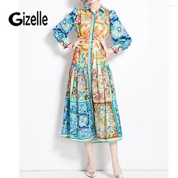 Casual Dresses Gizelle 2024 Spring Autumn Single Breasted Cotton Linen Lace Up Maxi Dress Women Lapel Collar Lantern Sleeve Vintage Print