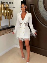Dresses Beyprern Casual 2024 Elegant White Lace Insert Feather Trim Dress Glam Long Sleeve Button Corset Blazer Party Sexy Clubwear