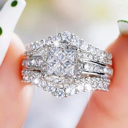 Wedding Rings Huitan Princess Cut Cubic Zirconia For Women Luxury Fashion Bands Accessories Silver Colour 2024 Female Jewellery
