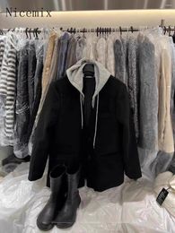 Women's Jackets Spliced Hooded Coats Women Winter Clothes Fashion Casual Loose Versatile Outerwear Woollen Black Suit Coat Top
